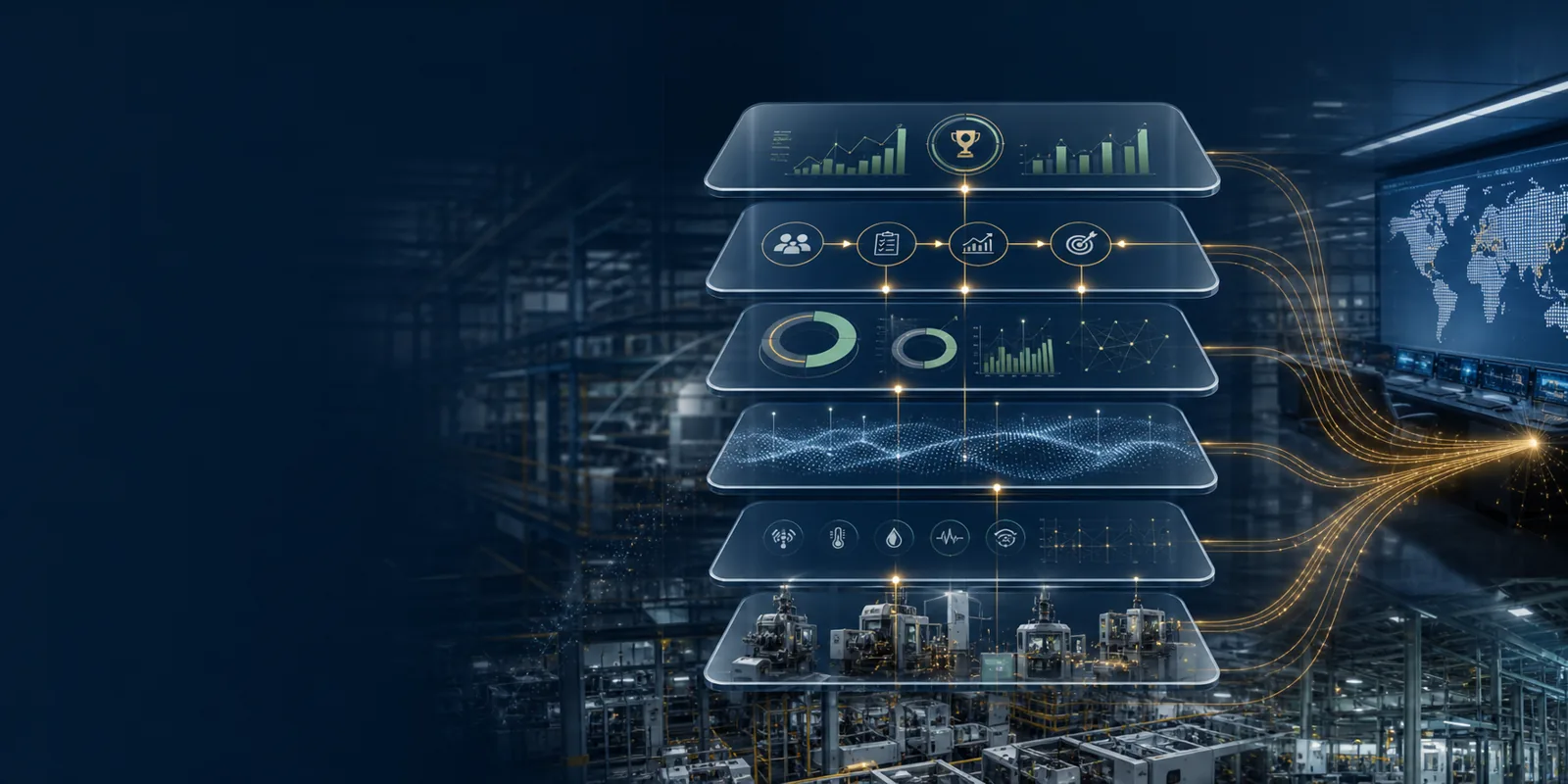 Operational architecture of Data, Systems and AI connecting machines, data, AI and management