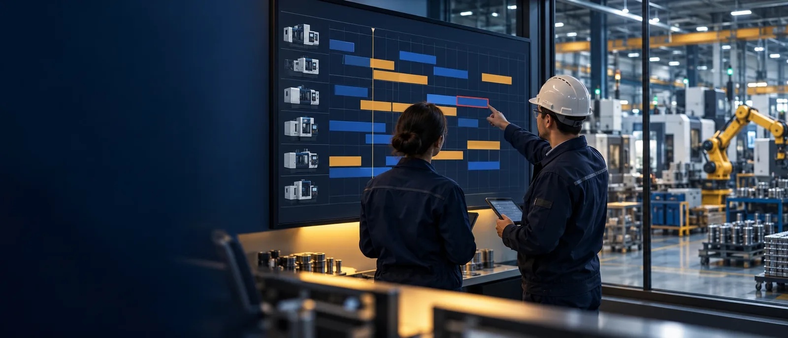Planners in front of a production schedule next to a machining shop floor