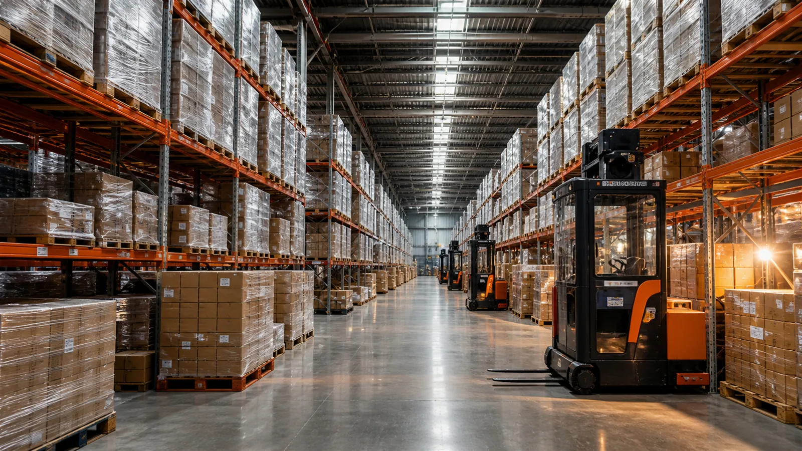 Operação de supply chain em armazém com racks, pallets e empilhadeira